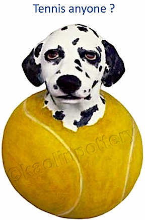 Tennis Anyone? Berkshire's Kaolin Pottery clay Dalmatian popping out tennis ball